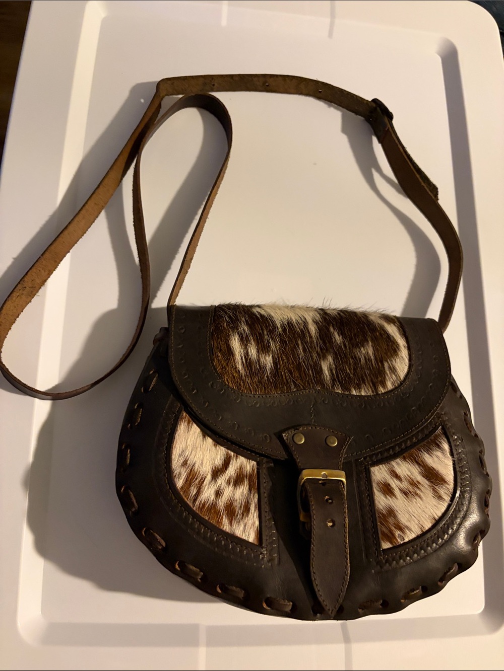 Brown Leather Crossbody with Cowhide Accent and Brass Buckle